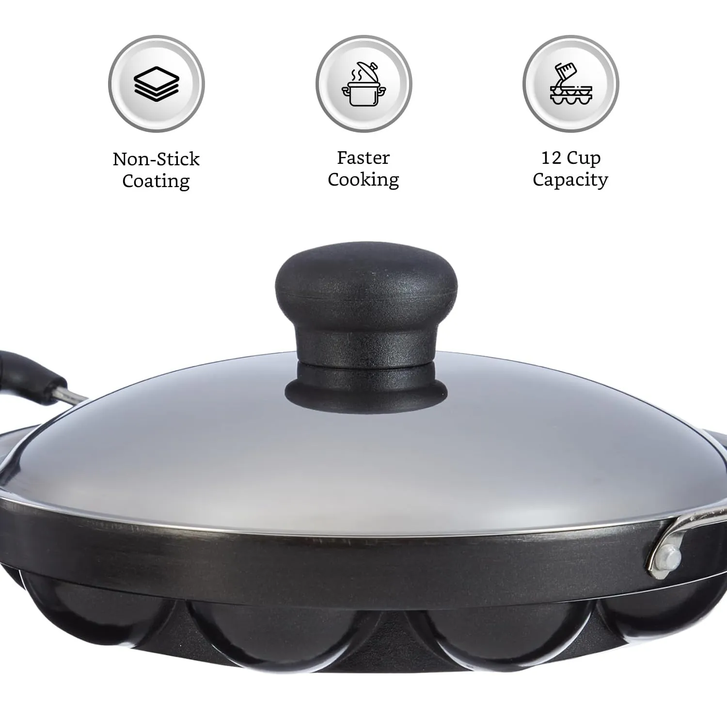 Amazon Brand - Solimo Die Cast Aluminium Non-Stick Appam Patra/Paniyarakkal with Stainless Steel Lid | 12 Cup Capacity | Gas Stove and Induction Compatible | Ergonomic Handle