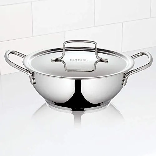 Borosil Stainless Steel Kadhai With Lid, Induction Friendly, Impact Bonded Tri-ply Bottom, 1.8 L