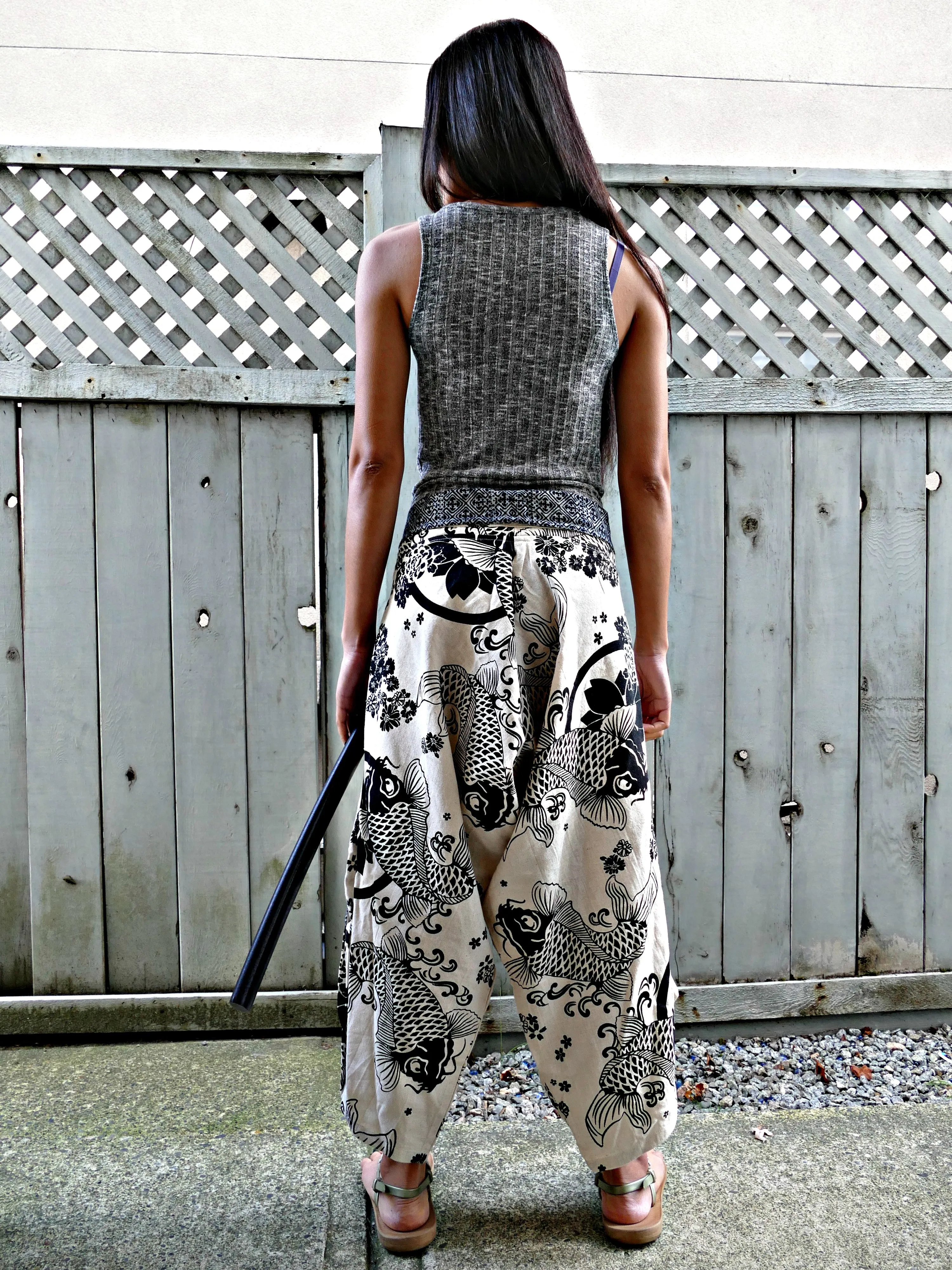 Cute Koi Fish (WHITE) Waist-Tied Samurai Pants