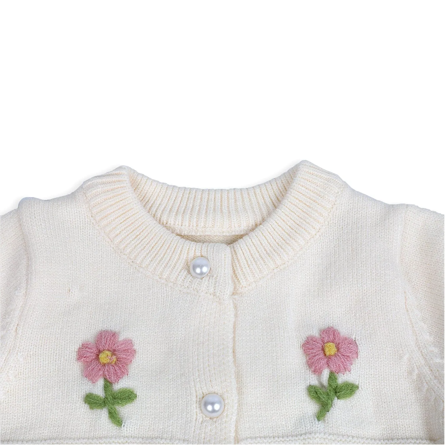 Floral Embroidery Premium Full Sleeves Knitted Sweater - Off White