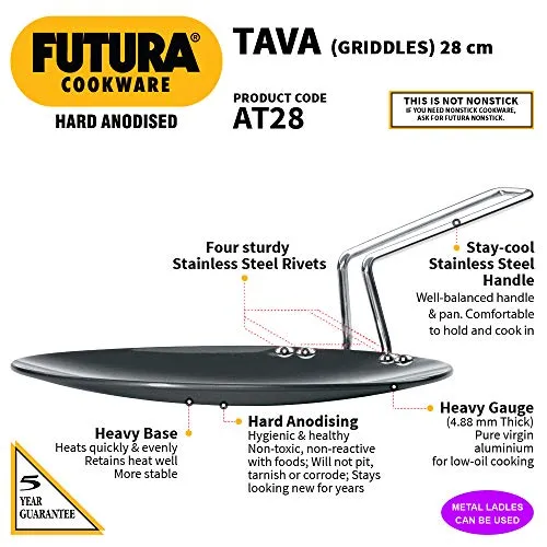 Hawkins Futura 28 cm Tava, Hard Anodised Tawa with Stainless Steel Handle, Black (AT28)