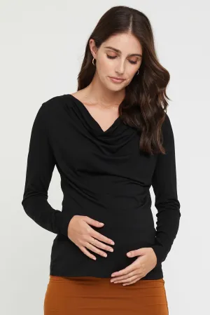 Long Sleeve Cowl Neck Maternity Top - Black