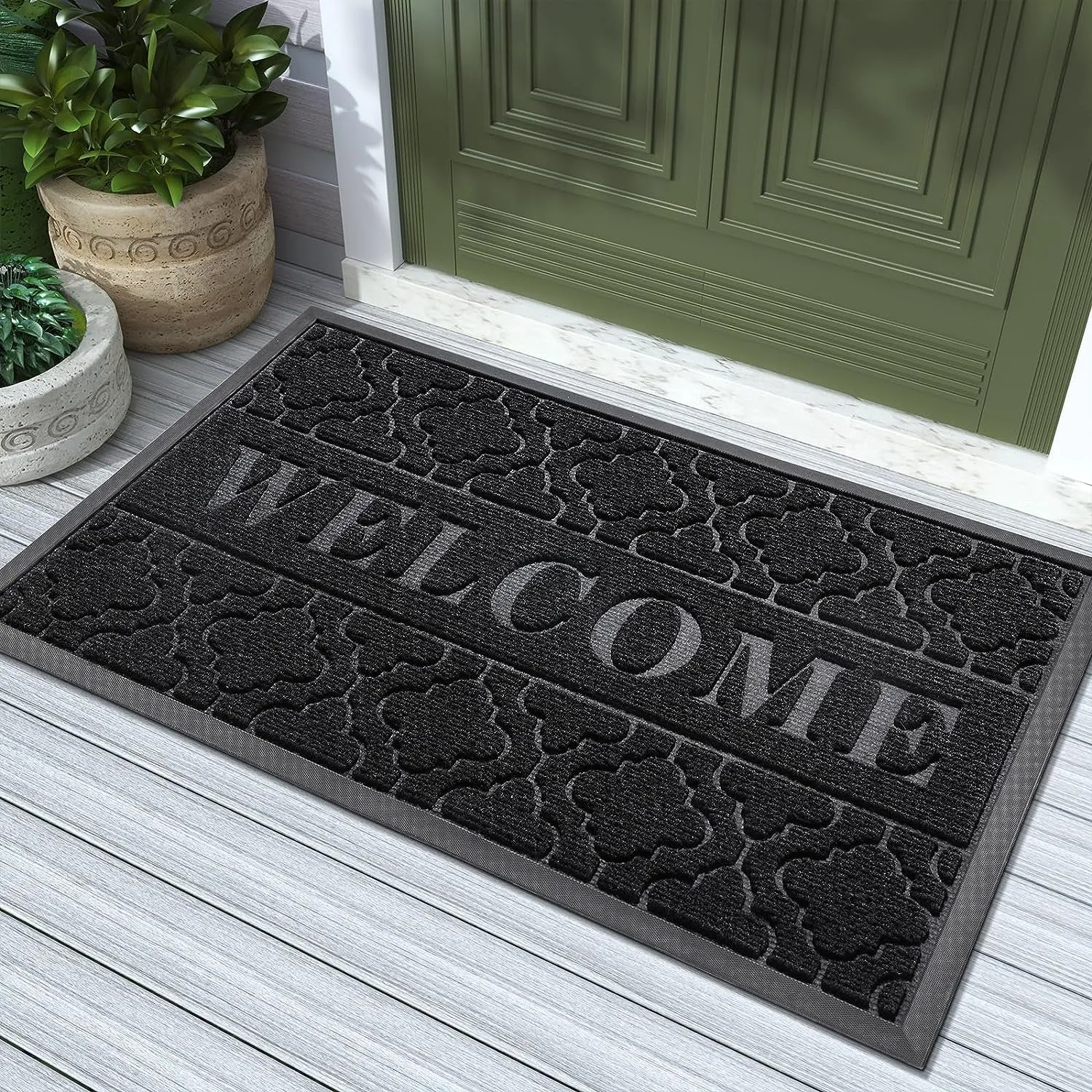 Welcome Door Mat, Heavy Duty Sturdy Front Door Mat for Home Entrance, Garage and Garden outside Entryway Floor Mat, Non Slip, Fade Resistant, Easy Clean, 29.5 X 17 Inch, Black