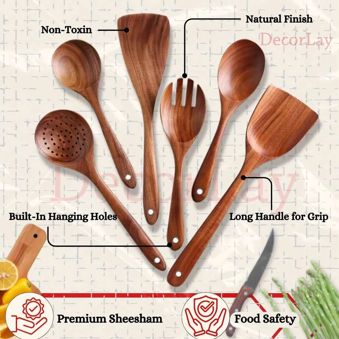 Wooden Natural Spoons for Cooking Non-Stick Cookware Safe 6 pcs